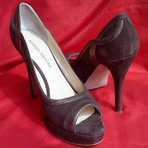 Audrey Brooke Brown Leather Upper Open Toe Heels